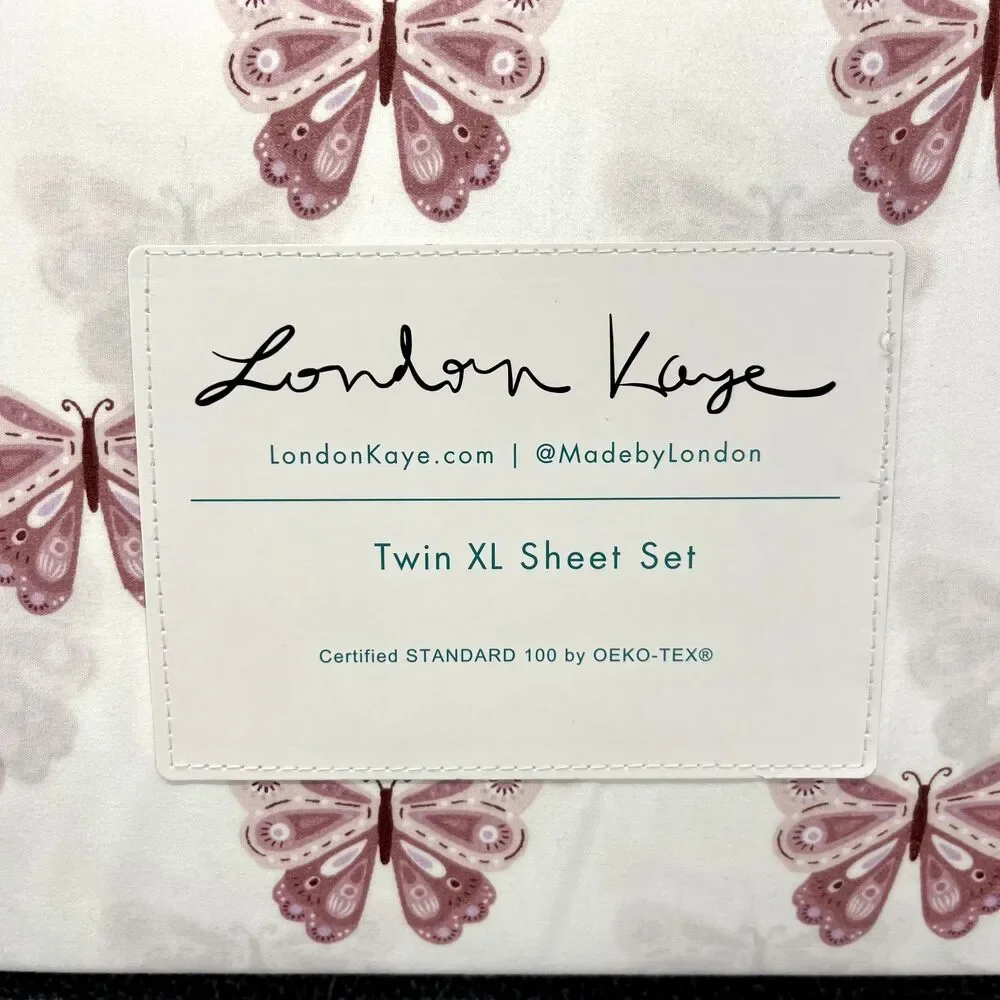London Kaye TWIN XL Sheet Set White Pink Butterfly 4pc‎